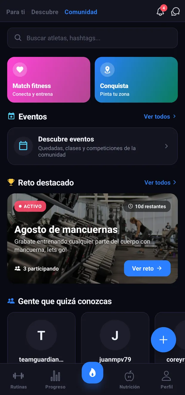 Pestaña Comunidad de VortLoop con retos, eventos y personas sugeridas