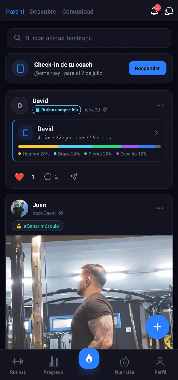 Feed de VortLoop con publicaciones de entrenos, rutinas compartidas y reacciones de la comunidad