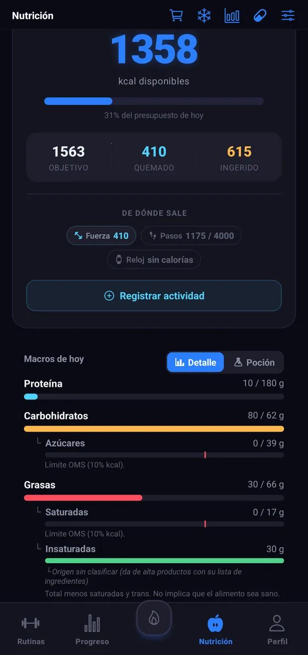 Diario de nutrición de VortLoop con agua, desayuno, comida, cena y snacks