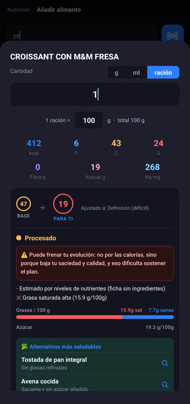 Ficha de un alimento en VortLoop con puntuación de calidad, avisos y alternativas más saludables
