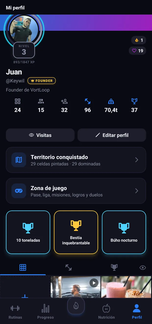 Perfil de VortLoop con territorio conquistado, zona de juego, trofeos y publicaciones
