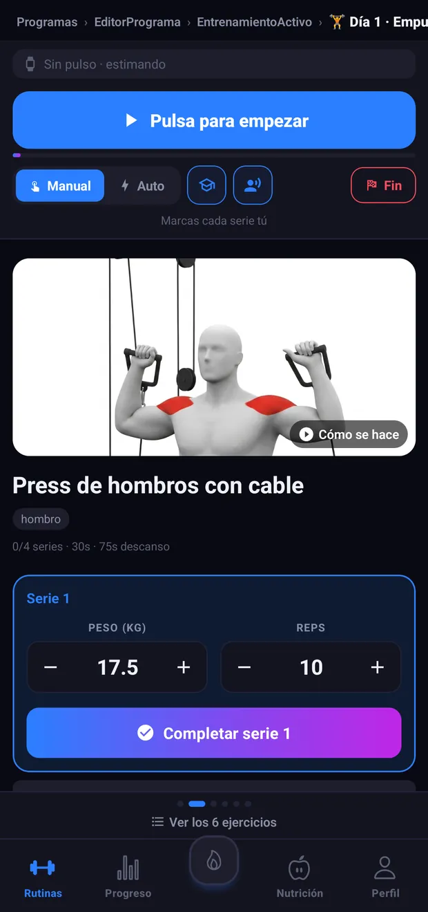 Pantalla de entrenamiento activo de VortLoop con el cronómetro y el registro de series
