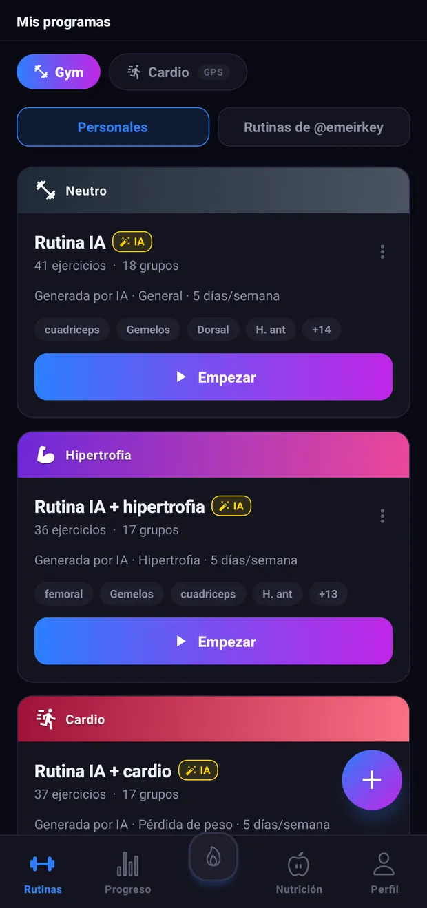 Pantalla de rutinas de VortLoop con los entrenamientos de la semana